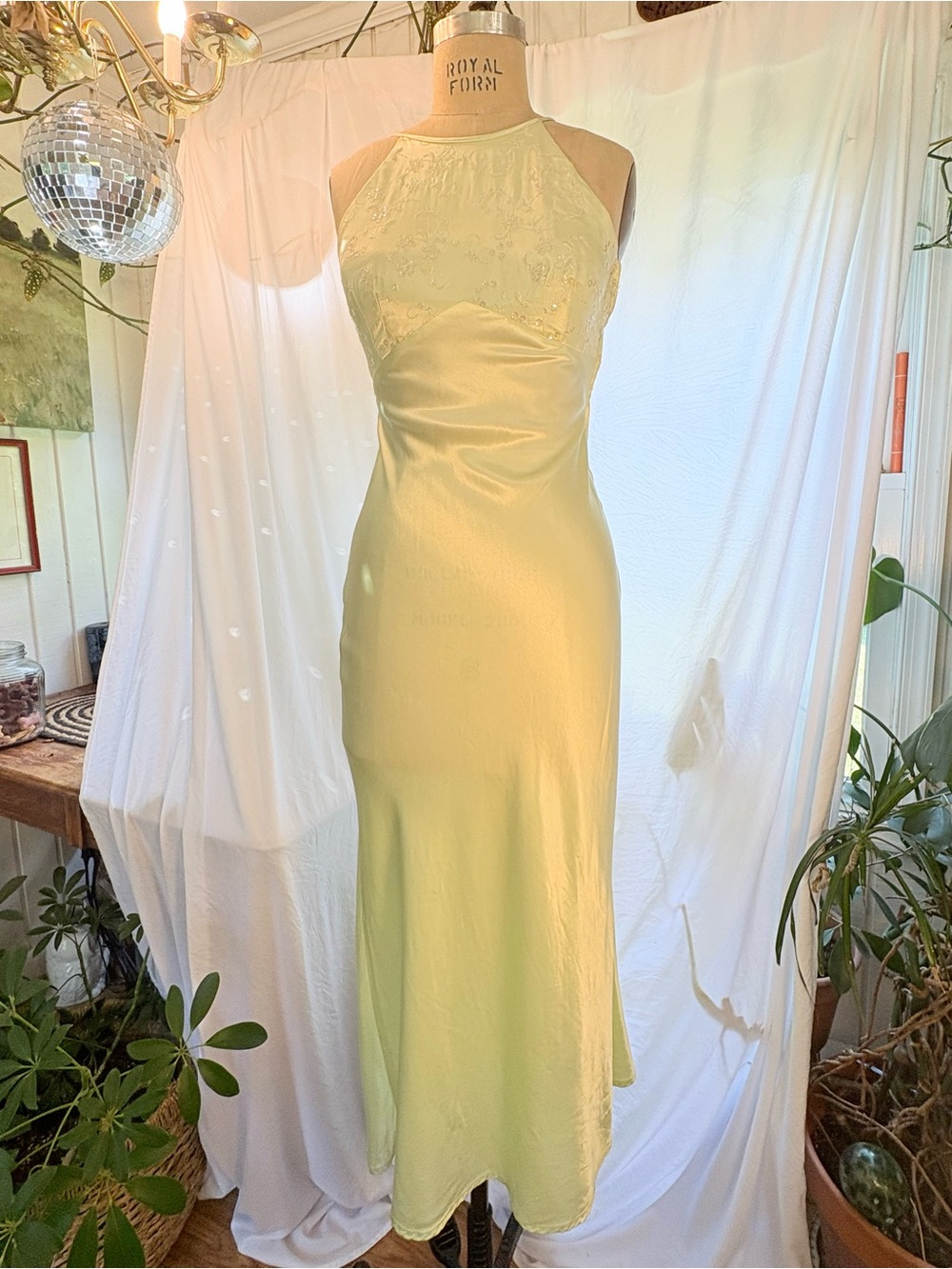 Vintage Y2K Zum Zum Pale Green Silky Fairycore Halter Gown Size 5/6 Juniors XS
